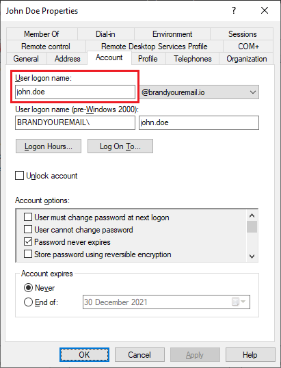 Active Directory user Properties Account tab showing User logon name field