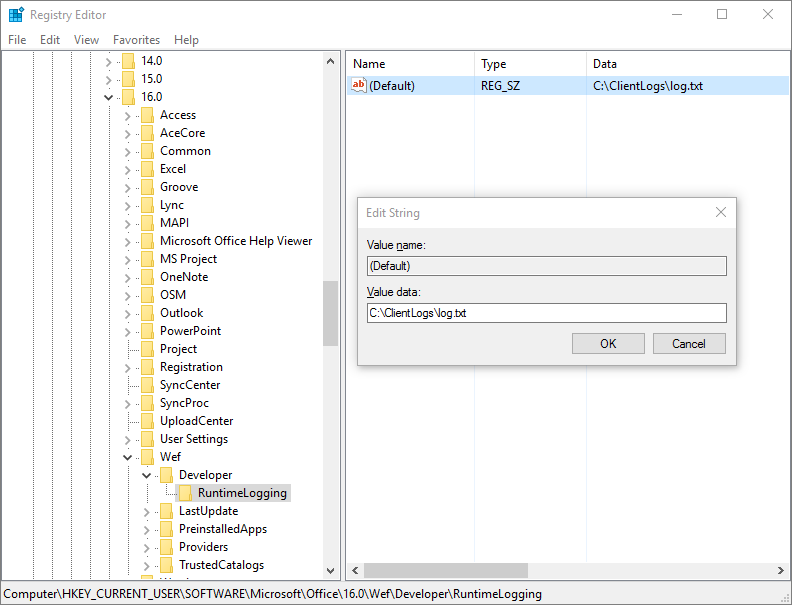 Windows Registry Editor showing RuntimeLogging key under HKCU Office WEF Developer