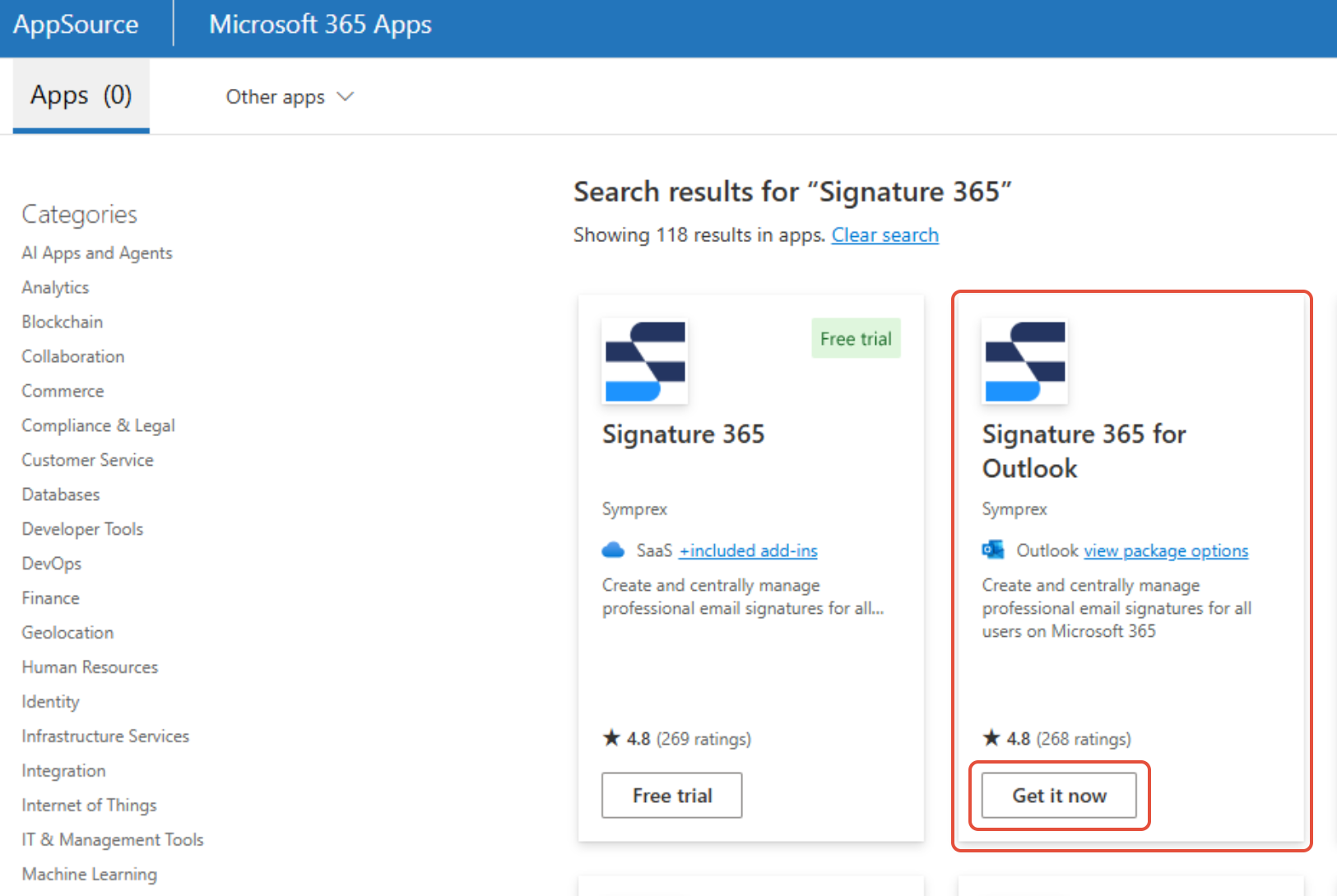 AppSource search results showing Signature 365 for Outlook with Get it now option