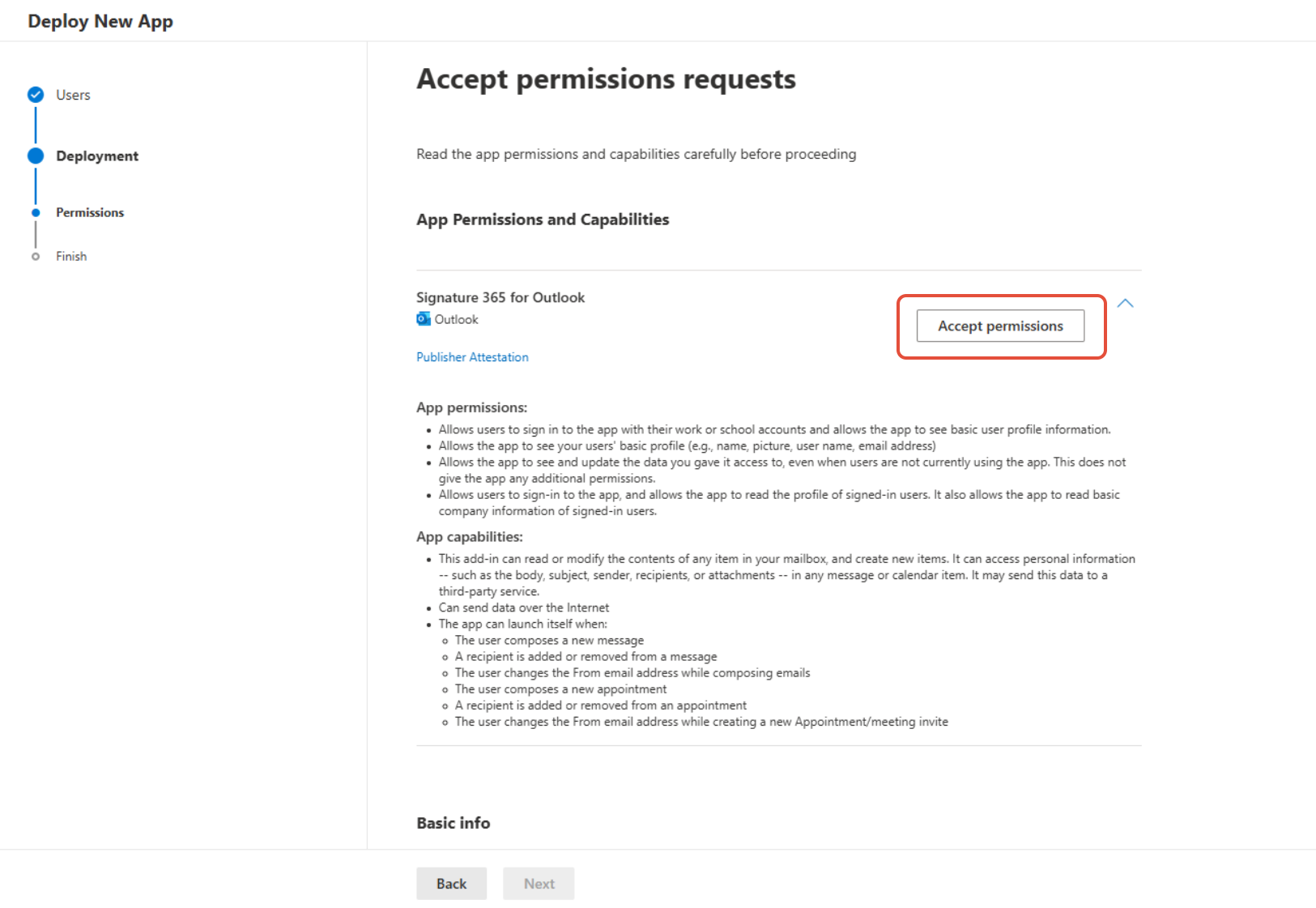Deployment page prompting to accept required permissions for Signature 365 add-in