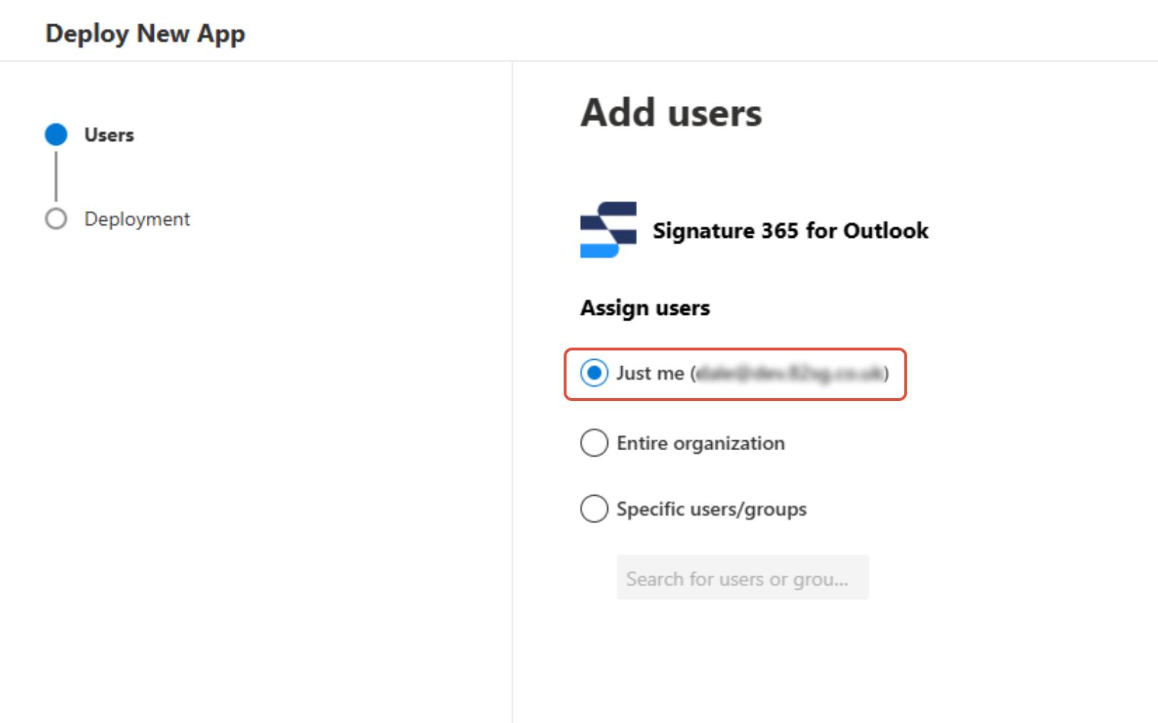 Deploy New App flyout with Just me option selected