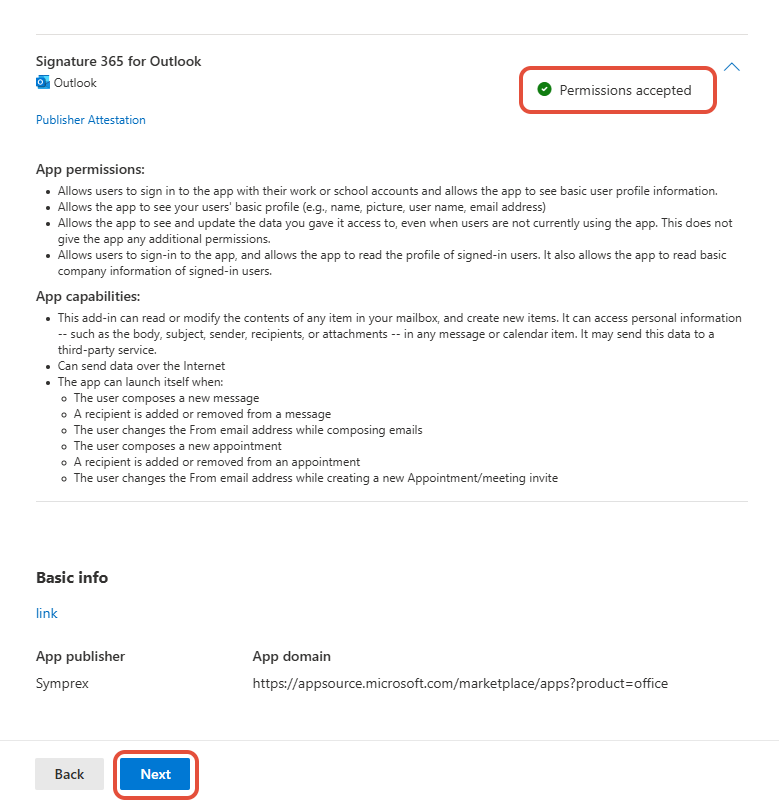 Deployment page showing Permissions accepted with Next button active