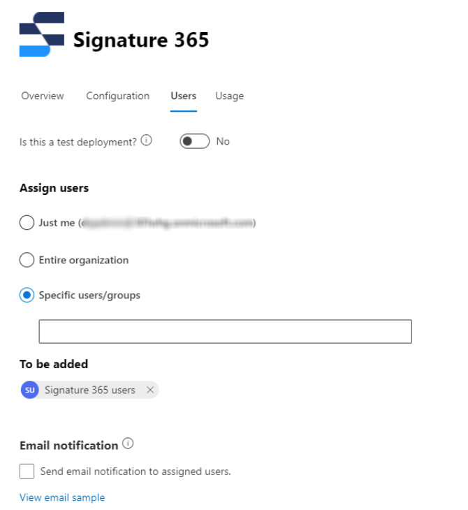 Users tab showing user selection and Deploy button for Signature 365 add-in