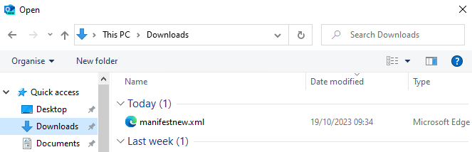 File picker window for selecting the saved manifest.xml file