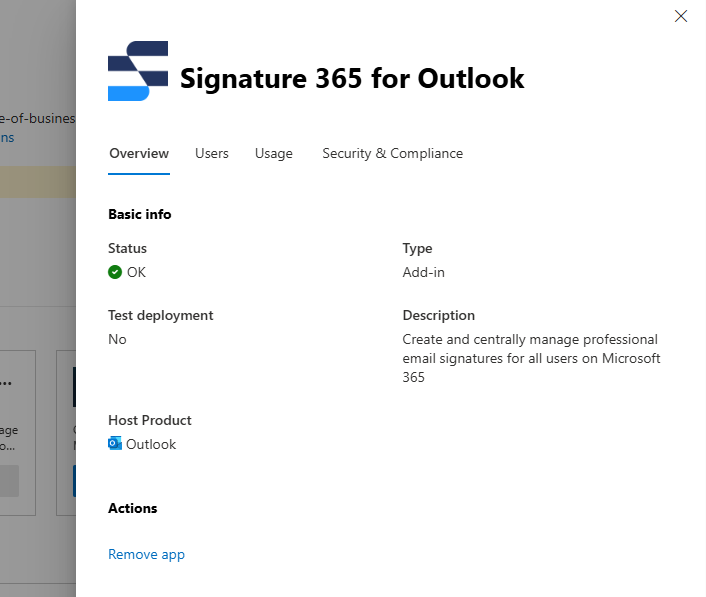 Signature 365 app status flyout panel in Integrated apps