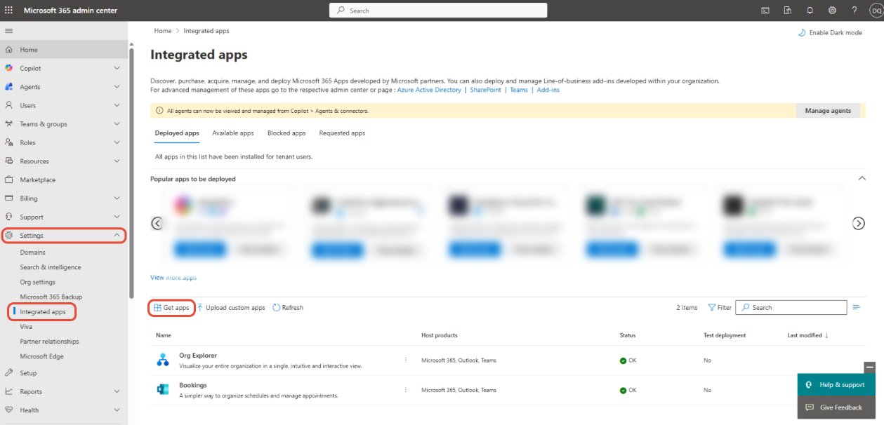 Microsoft 365 Admin Center Integrated apps page with Get apps link