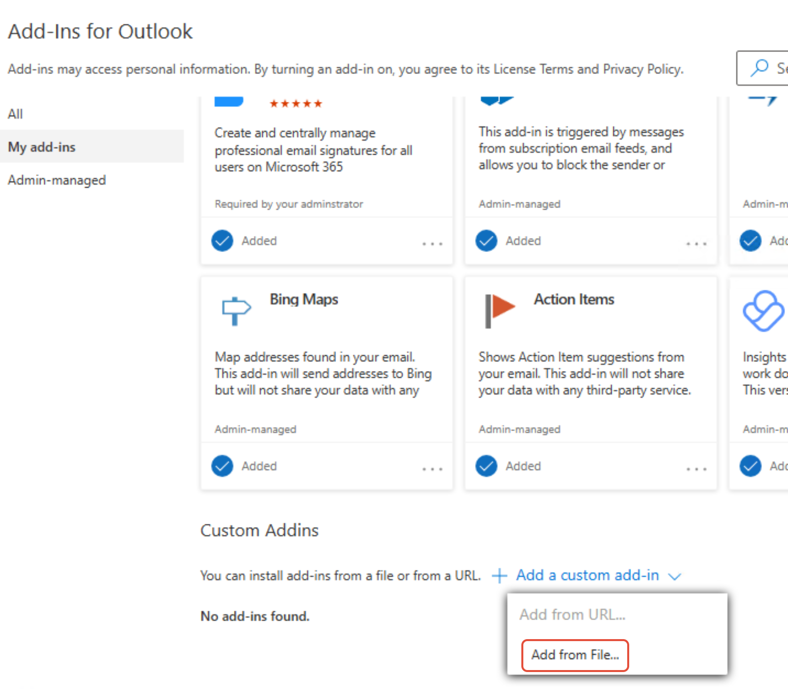 Outlook Web App My add-ins section showing Add from File option in dropdown