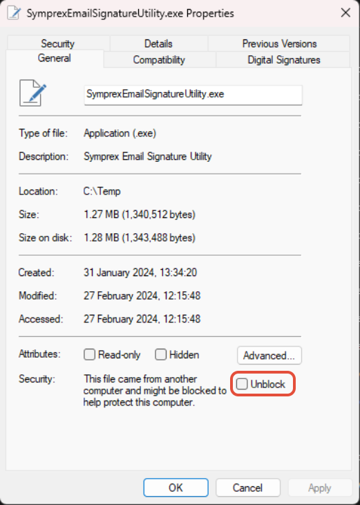 Windows file Properties dialog with Unblock checkbox option