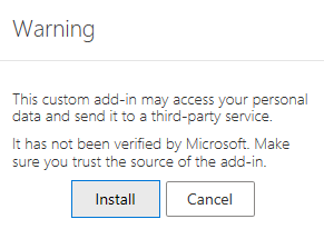 Warning dialog for installing custom Outlook add-in with Install button