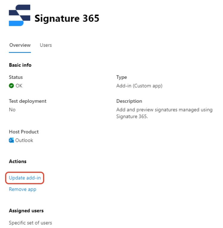 Signature 365 flyout showing Update add-in link under Actions