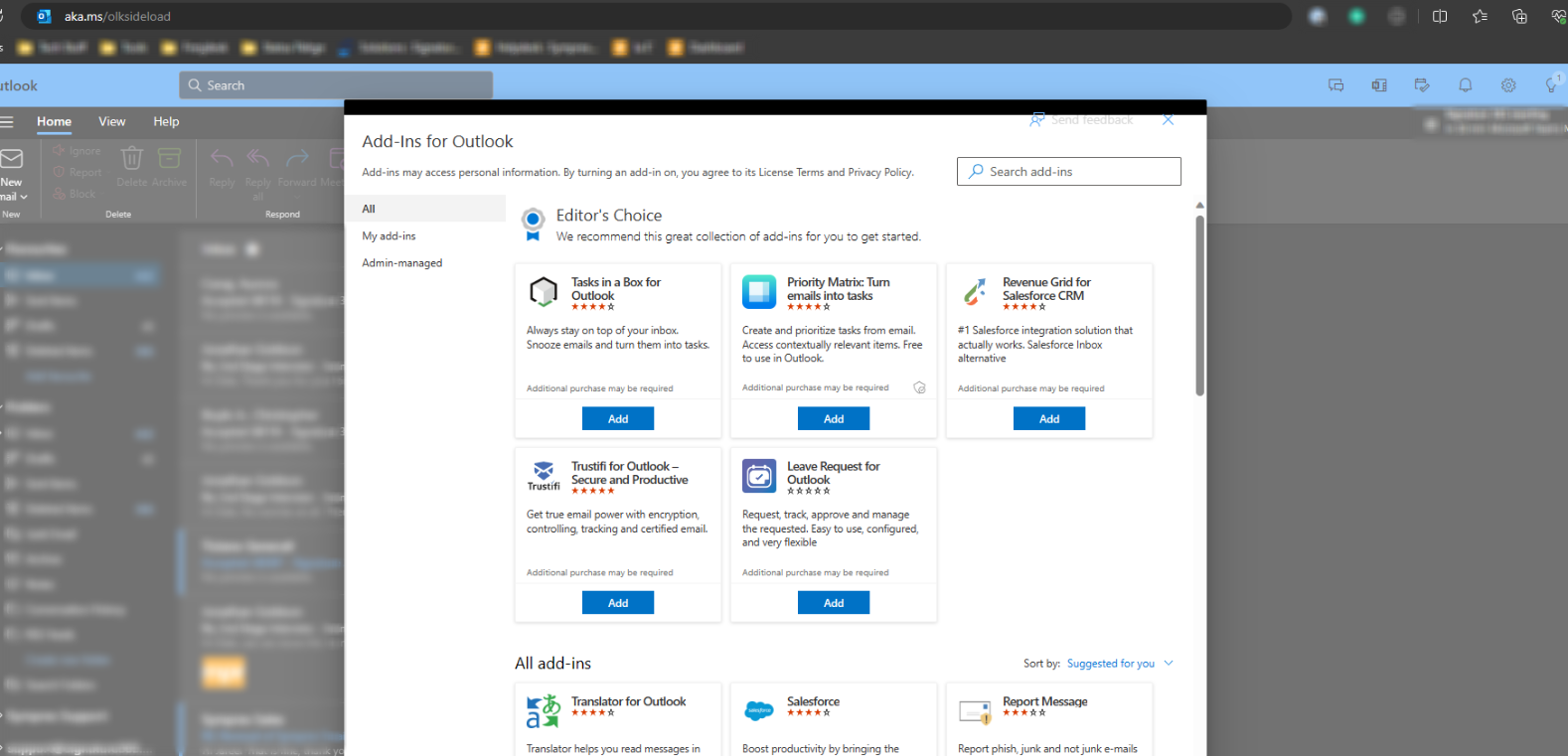 Outlook Add-ins page opened via aka.ms/olksideload showing My add-ins tab