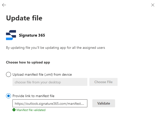 Update add-in screen for providing manifest URL with Validate button