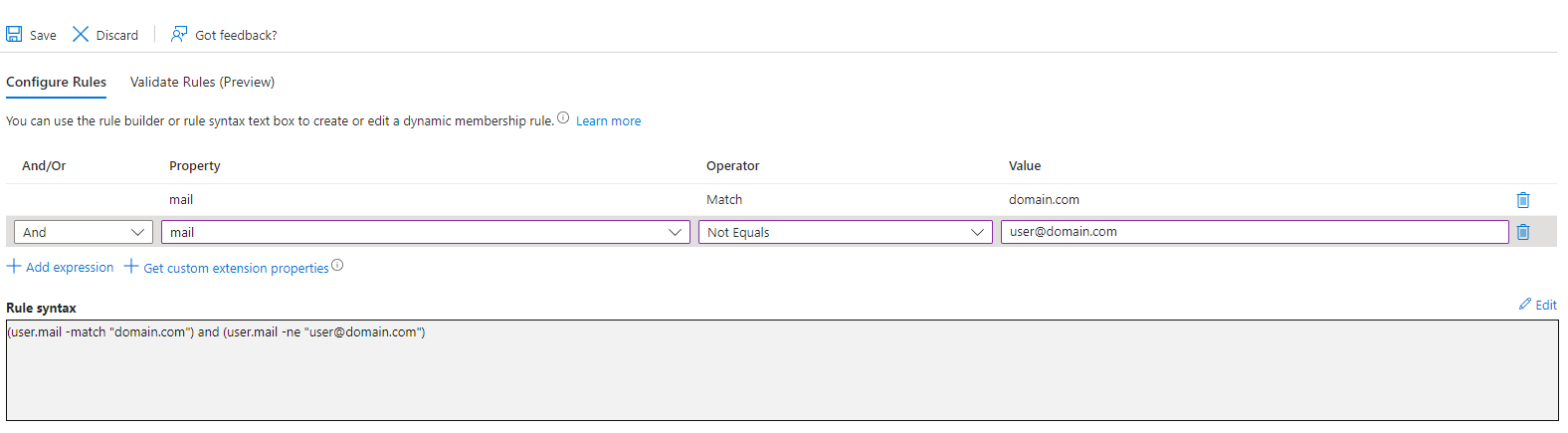 Entra ID dynamic group rule with additional expression to exclude a specific user