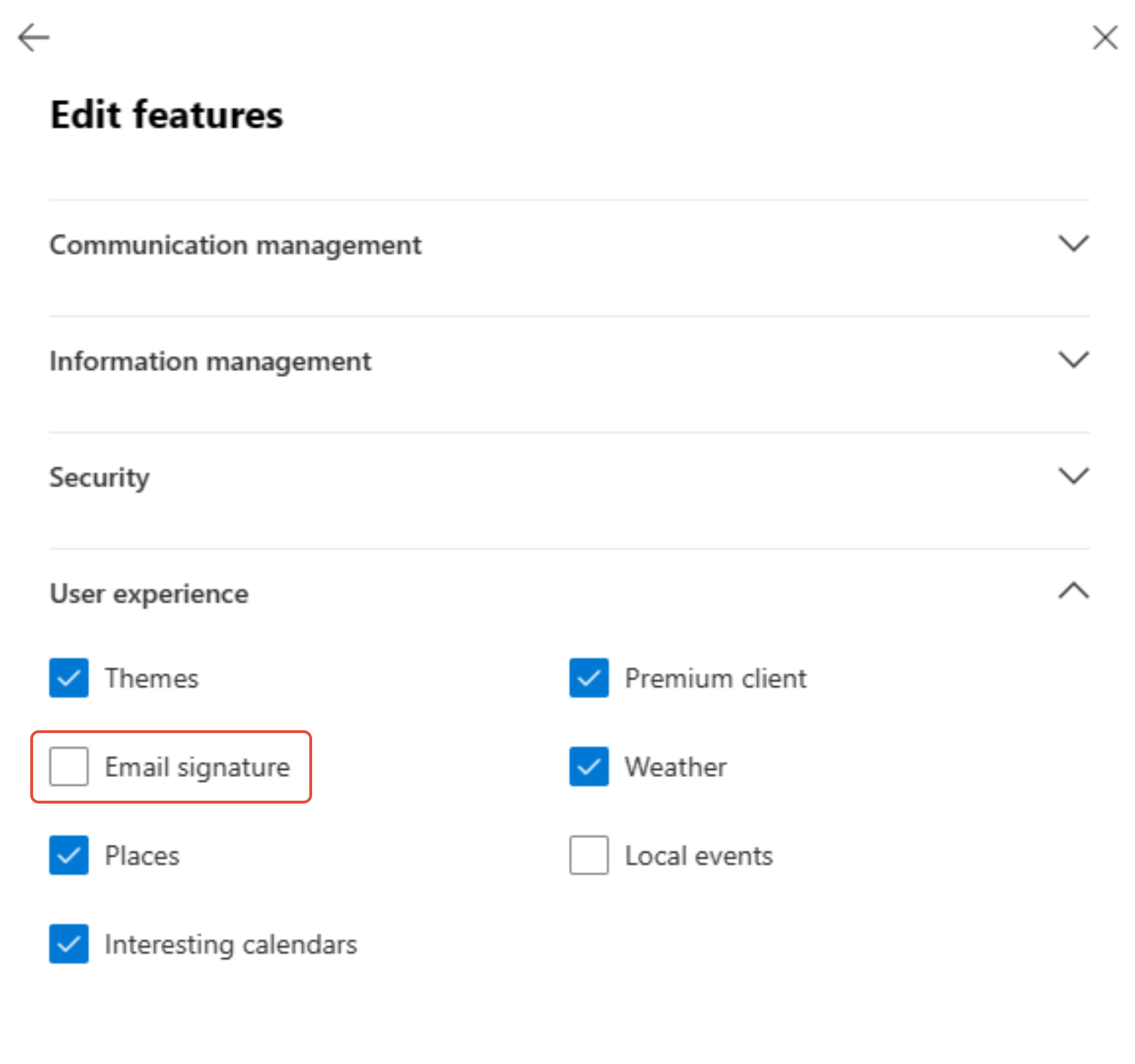 OWA policy features showing Email Signature option deselected under User experience