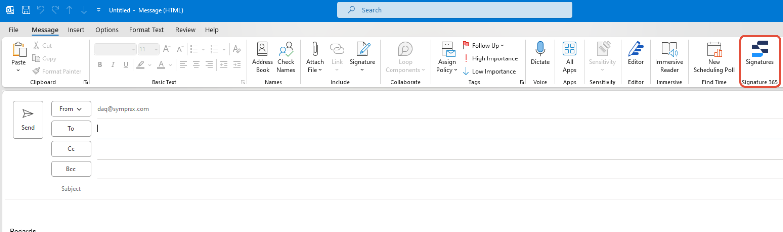 Outlook compose window showing Signature 365 add-in task pane opened