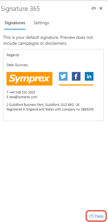 Signature 365 task pane showing the Help link at bottom right
