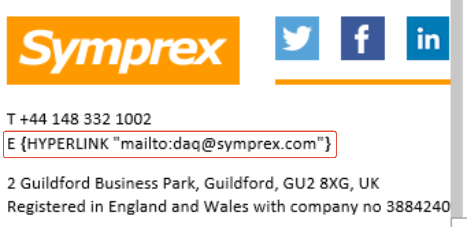 Classic Outlook email showing HYPERLINK field code instead of rendered link