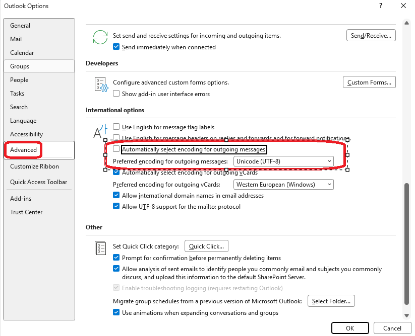 Outlook Advanced options showing International options with encoding settings