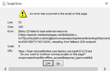 Signature 365 agent showing authentication script error message