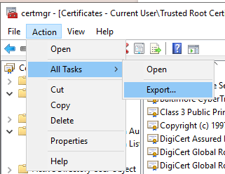 Certificate Manager Action menu with Export option selected