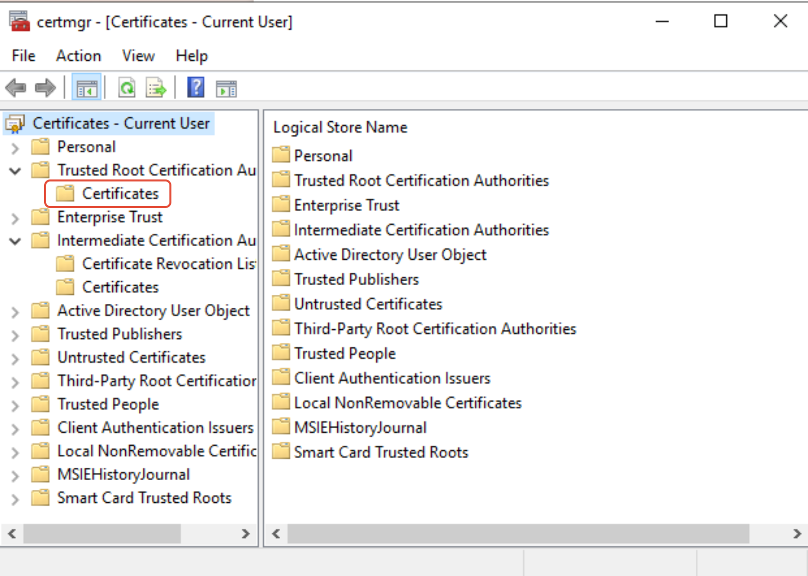 Certificate Manager showing Trusted Root Certification Authorities with Certificates selected