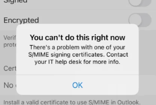 Outlook Mobile showing S/MIME certificate error when enabling signing or encryption