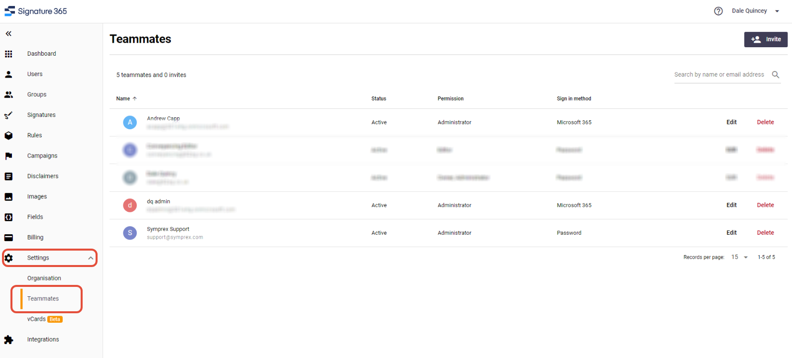 Signature 365 Settings Teammates page showing existing teammates and their roles