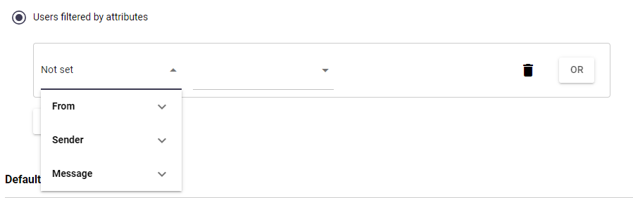 Rule Apply To section showing Users filtered by attributes option with From, Sender and Message filters