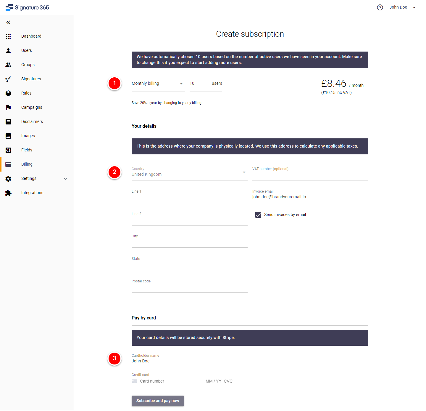 Signature 365 Billing menu