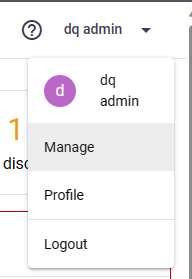 User dropdown with the Manage option highlighted