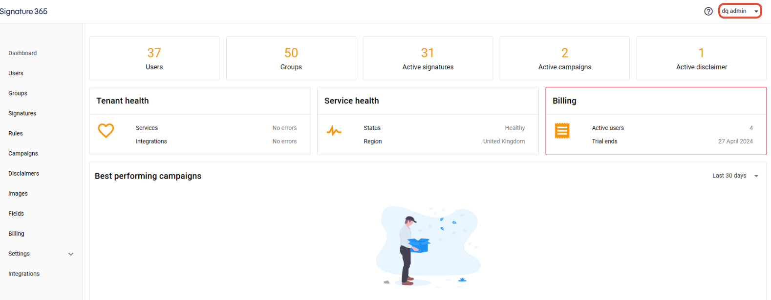 Signature 365 portal user dropdown menu in top right corner