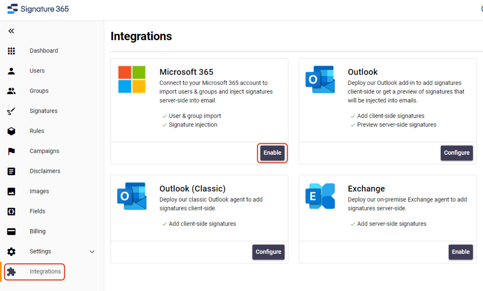Integrations page with the Microsoft 365 card and Enable button