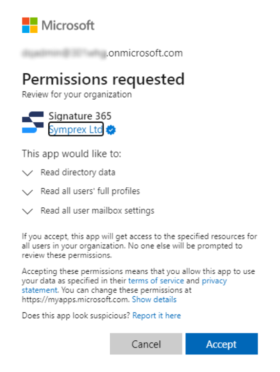 Microsoft permissions request dialog listing directory data access permissions
