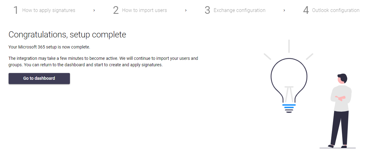 Setup wizard completion page with the Complete setup and Go to dashboard buttons