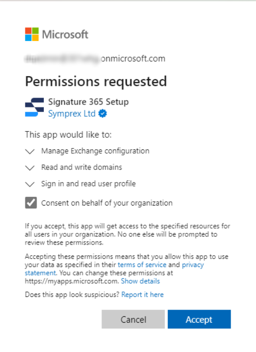 Microsoft Exchange Online permissions dialog requesting consent for connector setup
