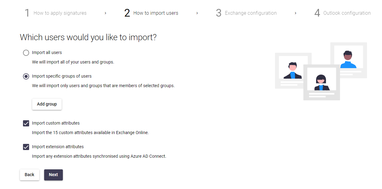 Setup wizard user and group import selection screen with Add Group button