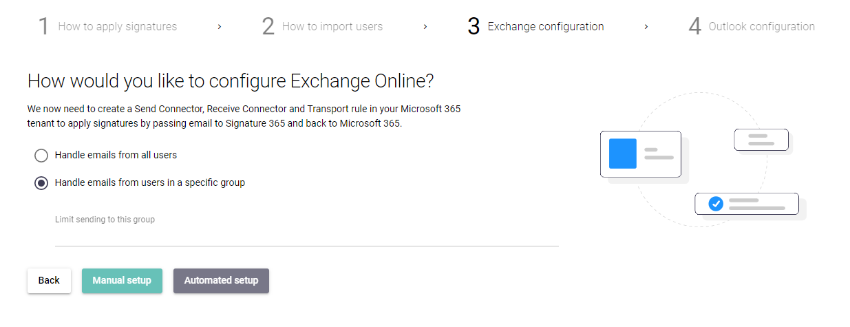 Setup wizard mail flow rule configuration screen with user group options