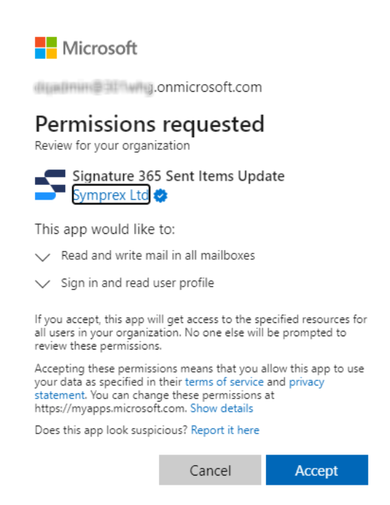 Microsoft permissions dialog for sent items read/write mailbox access