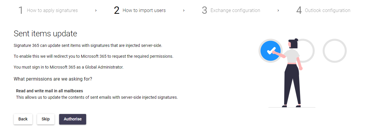 Setup wizard sent items update option with Skip and Authorise buttons