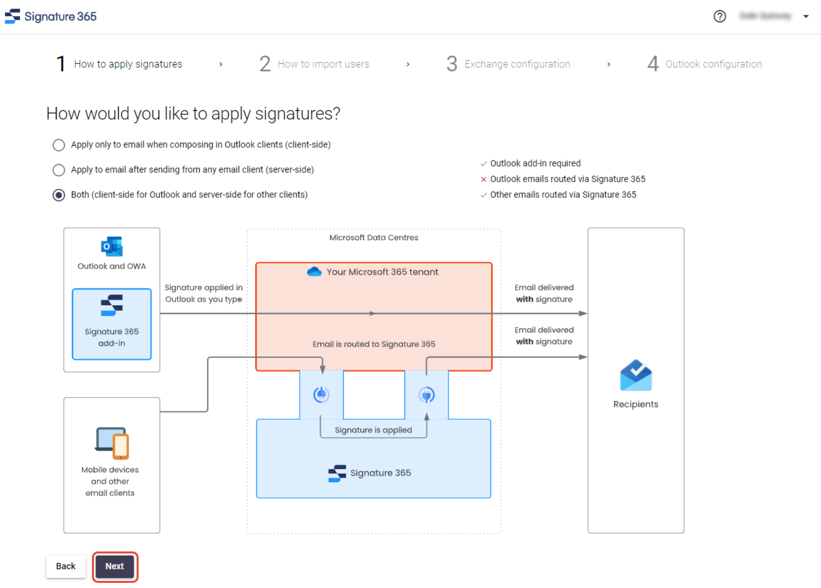 Setup wizard signature insertion method selection with Client-side, Server-side and Both options