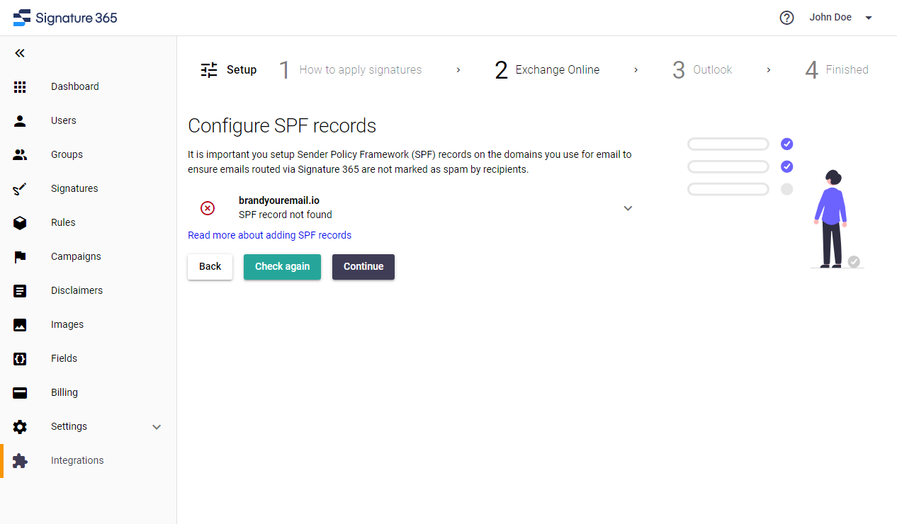 Setup wizard SPF record check screen with Check again and Continue buttons