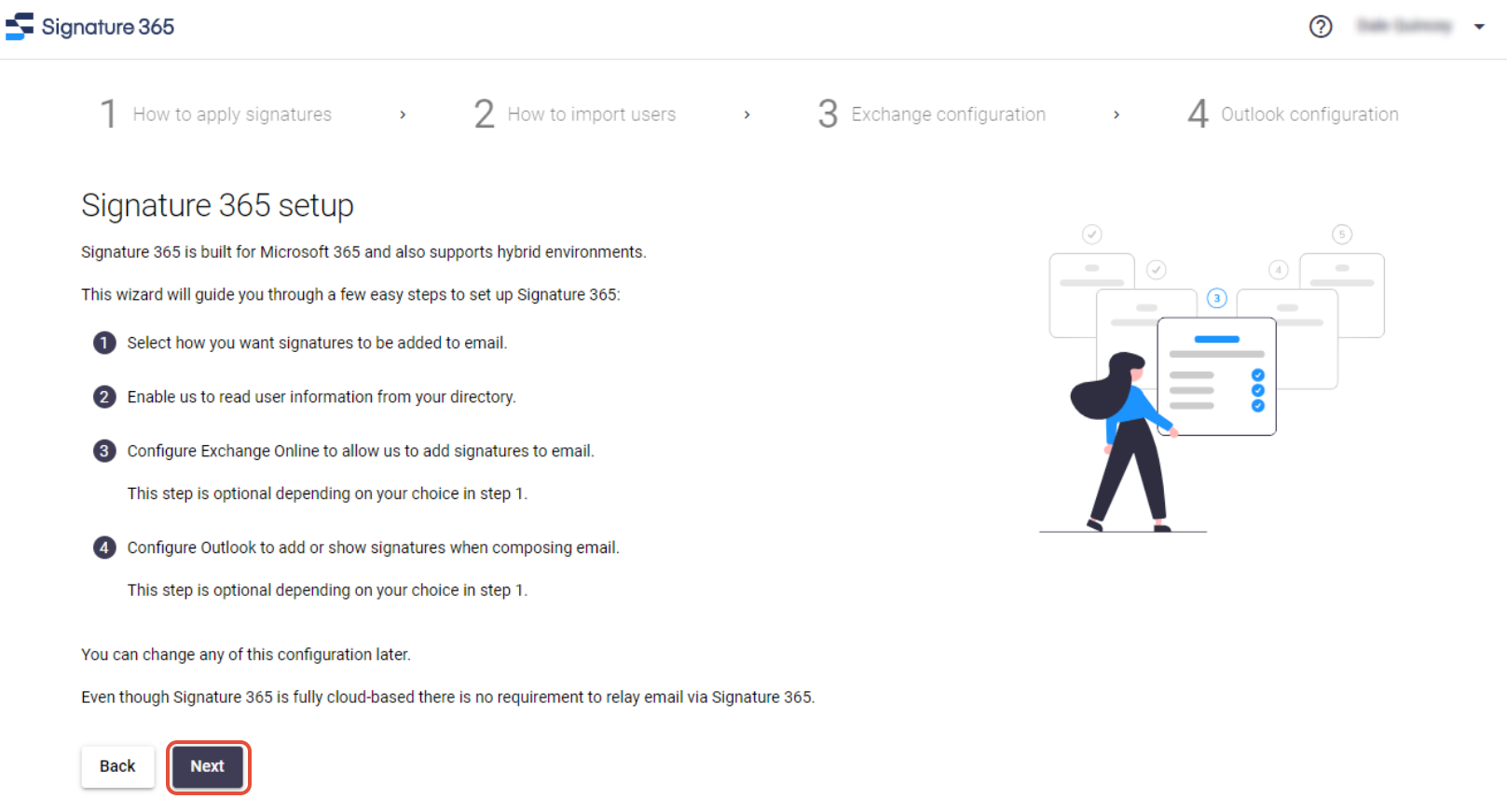 Setup wizard overview screen listing the steps to complete