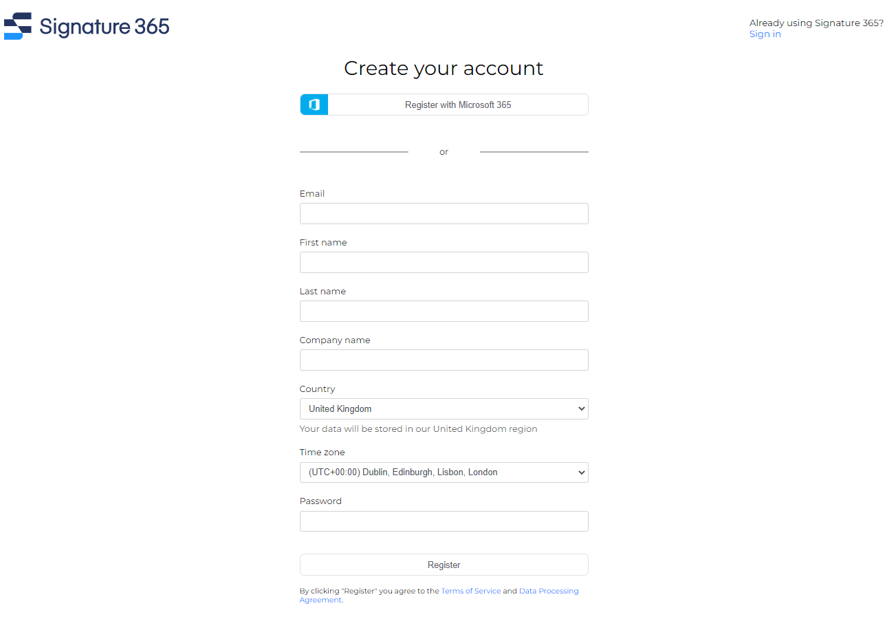 Sign-up form with Register with Microsoft 365 button and details fields