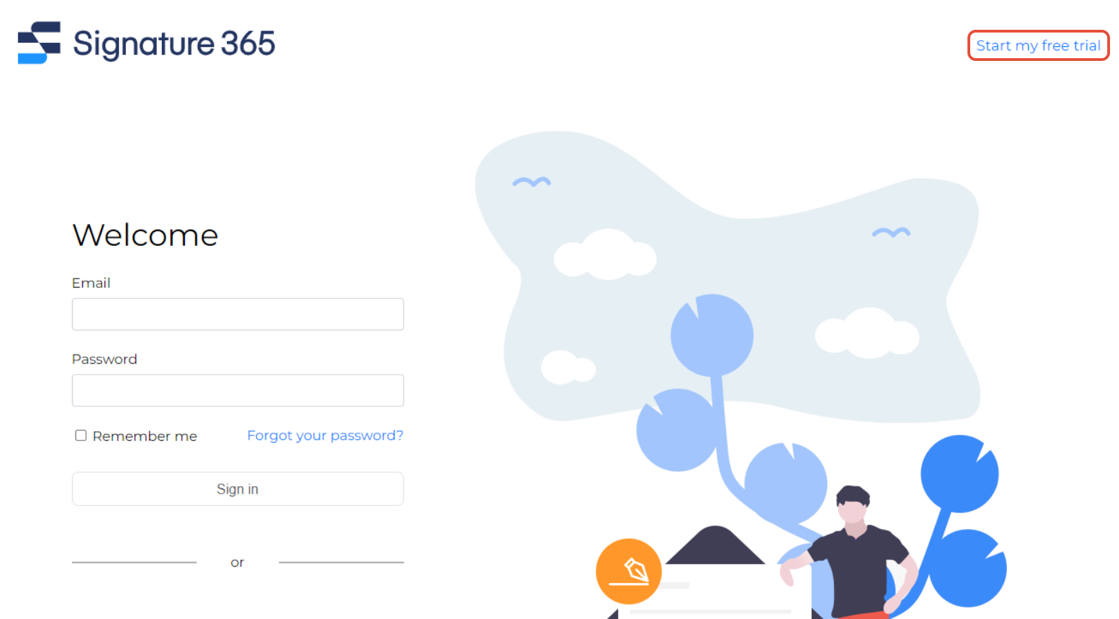 Signature 365 app homepage with the Start my free trial button