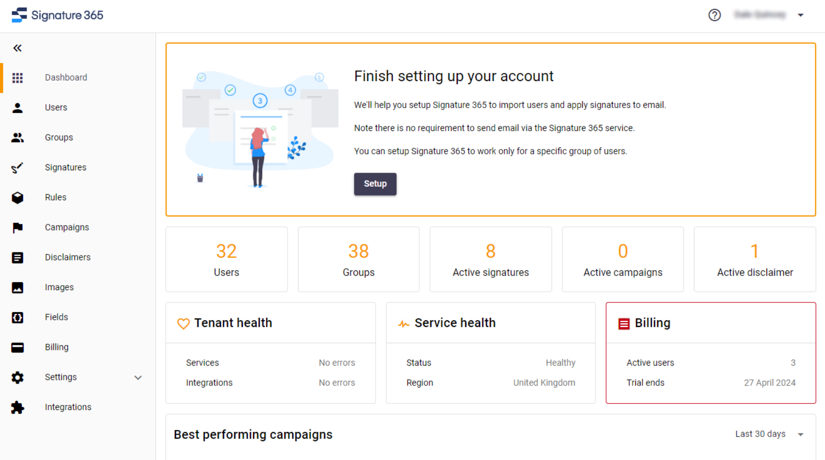 Signature 365 dashboard after account creation