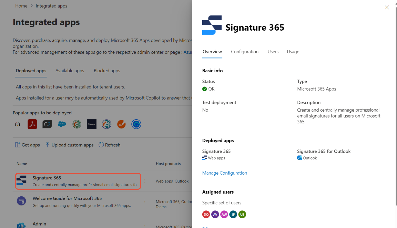 Signature 365 application entry in Microsoft 365 Integrated Apps