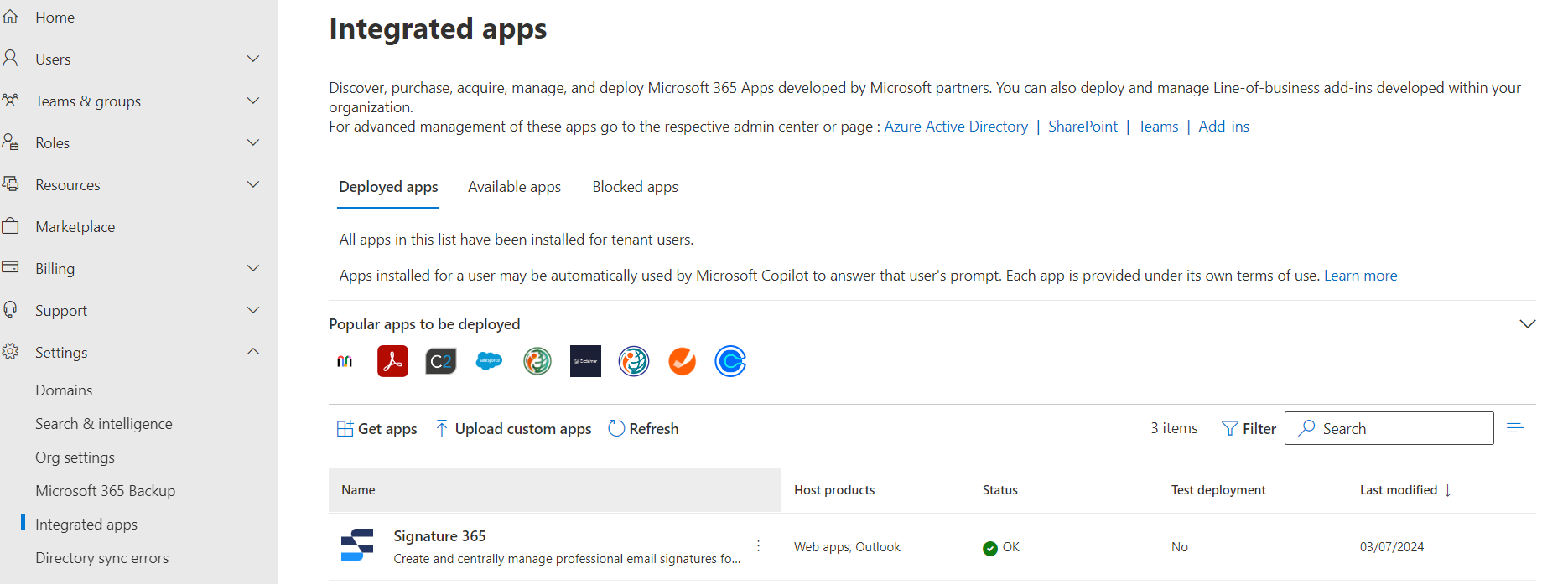 Microsoft 365 Admin Center Settings Integrated Apps page
