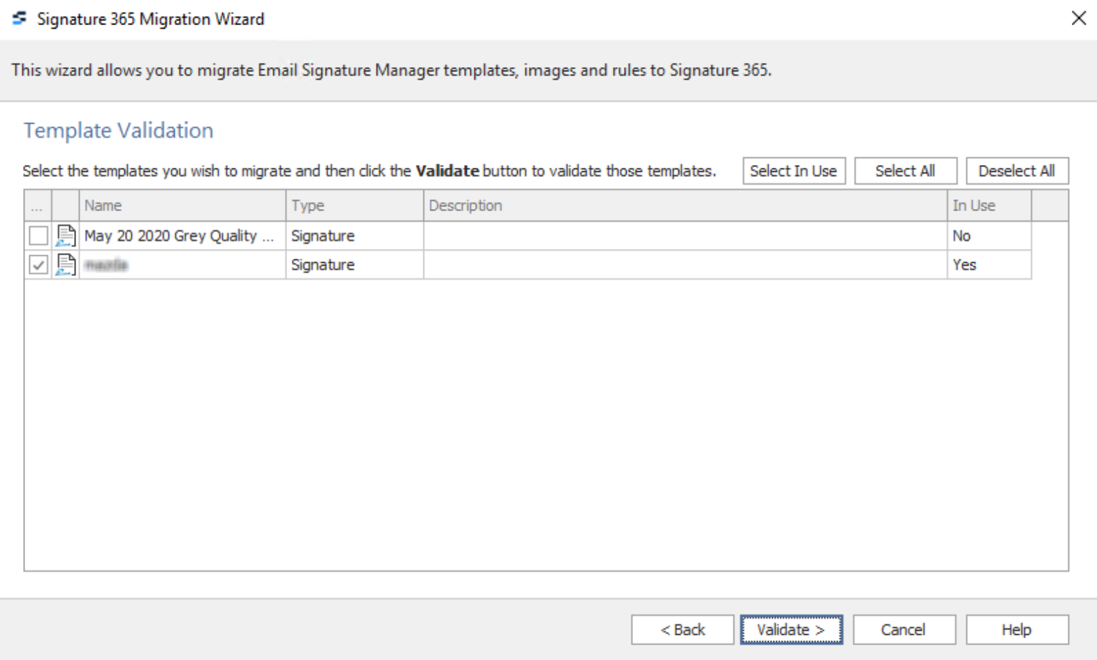 Migration wizard template selection screen with Select In Use and Validate buttons