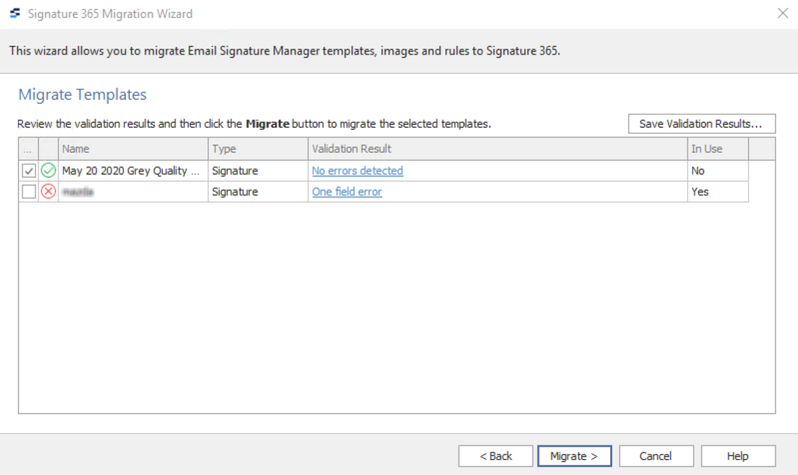 Migration wizard validation page showing template validation results