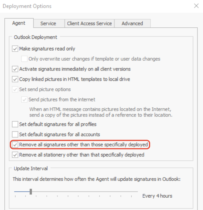 Email Signature Manager Deployment Options with Remove all signatures option selected